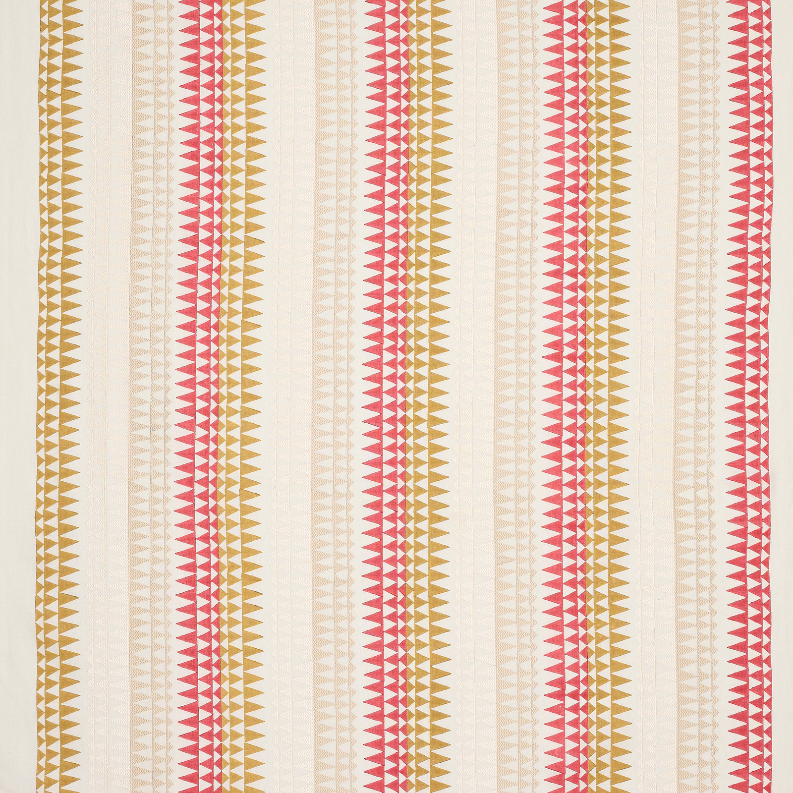 Vertical ochre and red triangle stripe on a cream linen-blend fabric