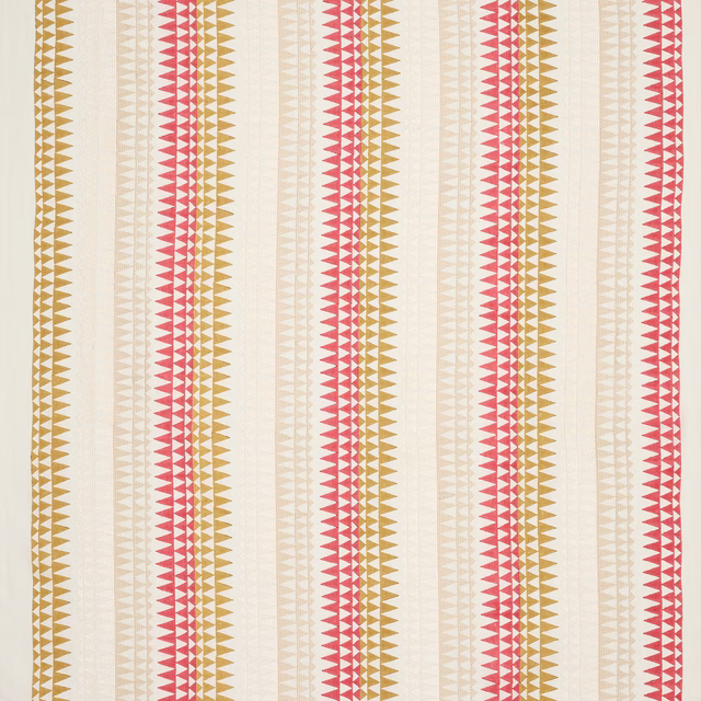 Vertical ochre and red triangle stripe on a cream linen-blend fabric