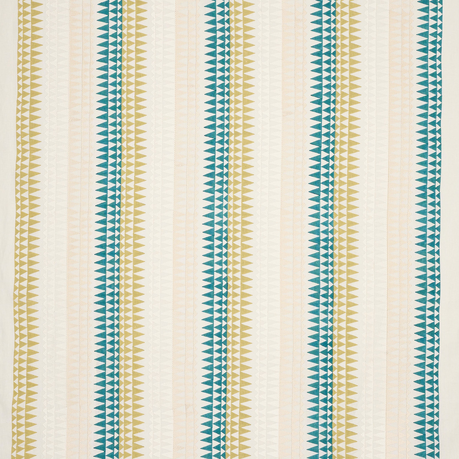 Vertical teal and ochre geometric stripe fabric on a pale ivory ground
