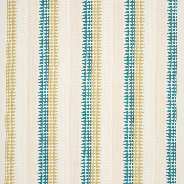 Vertical teal and ochre geometric stripe fabric on a pale ivory ground