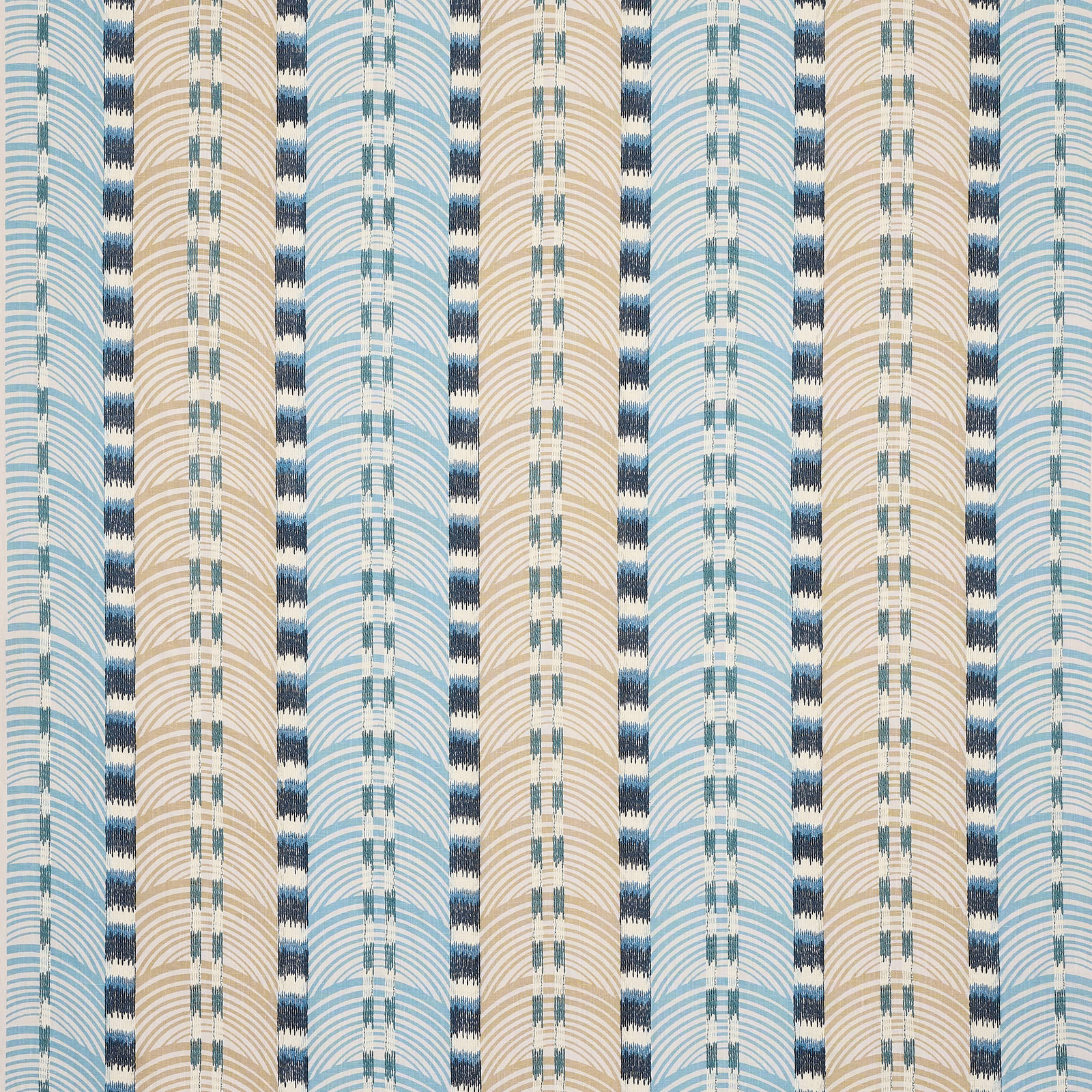 Blue and cream striped woven fabric with curved arc motif and teal accents