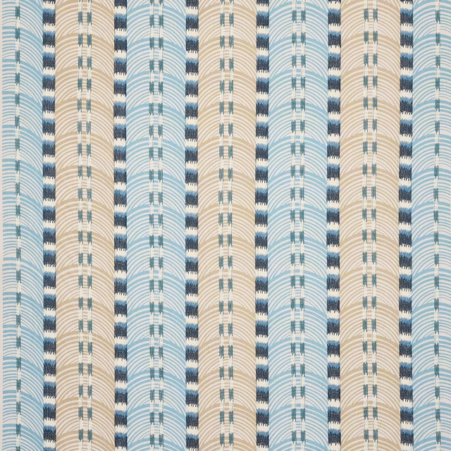 Blue and cream striped woven fabric with curved arc motif and teal accents