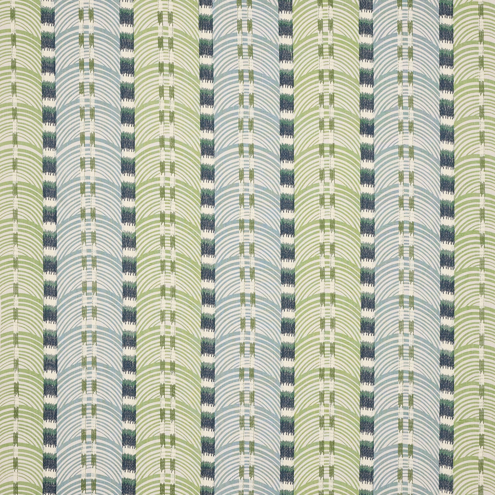 Repeated sage and blue-green arched stripe fabric on a pale ground