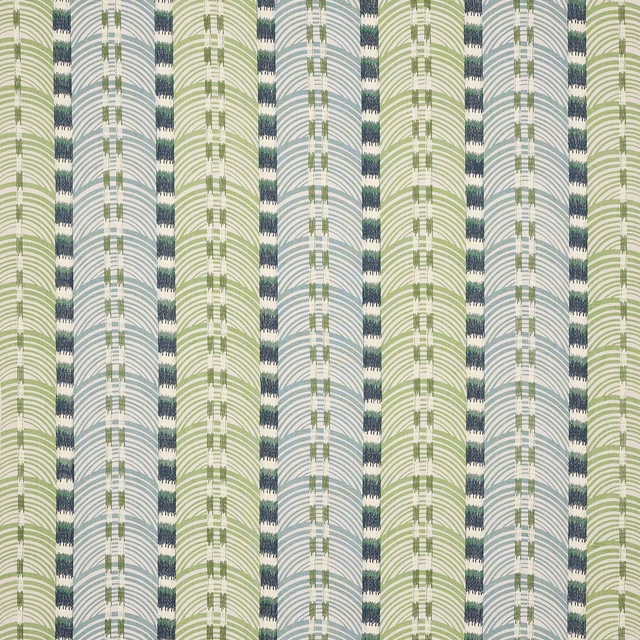 Repeated sage and blue-green arched stripe fabric on a pale ground