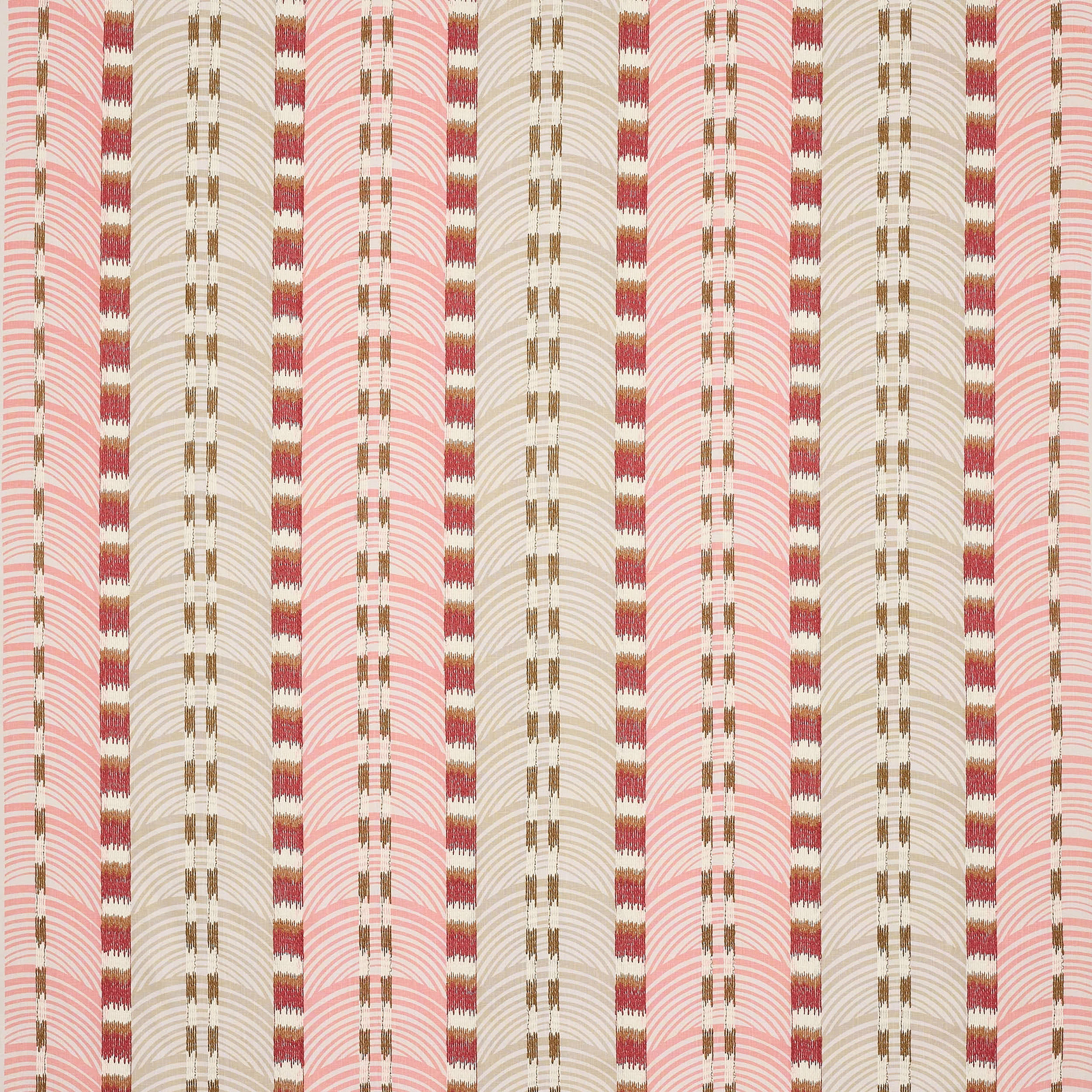 Vertical striped fabric swatch in soft rose red, cream and gold accents