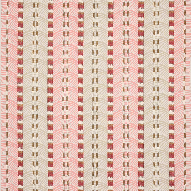 Vertical striped fabric swatch in soft rose red, cream and gold accents