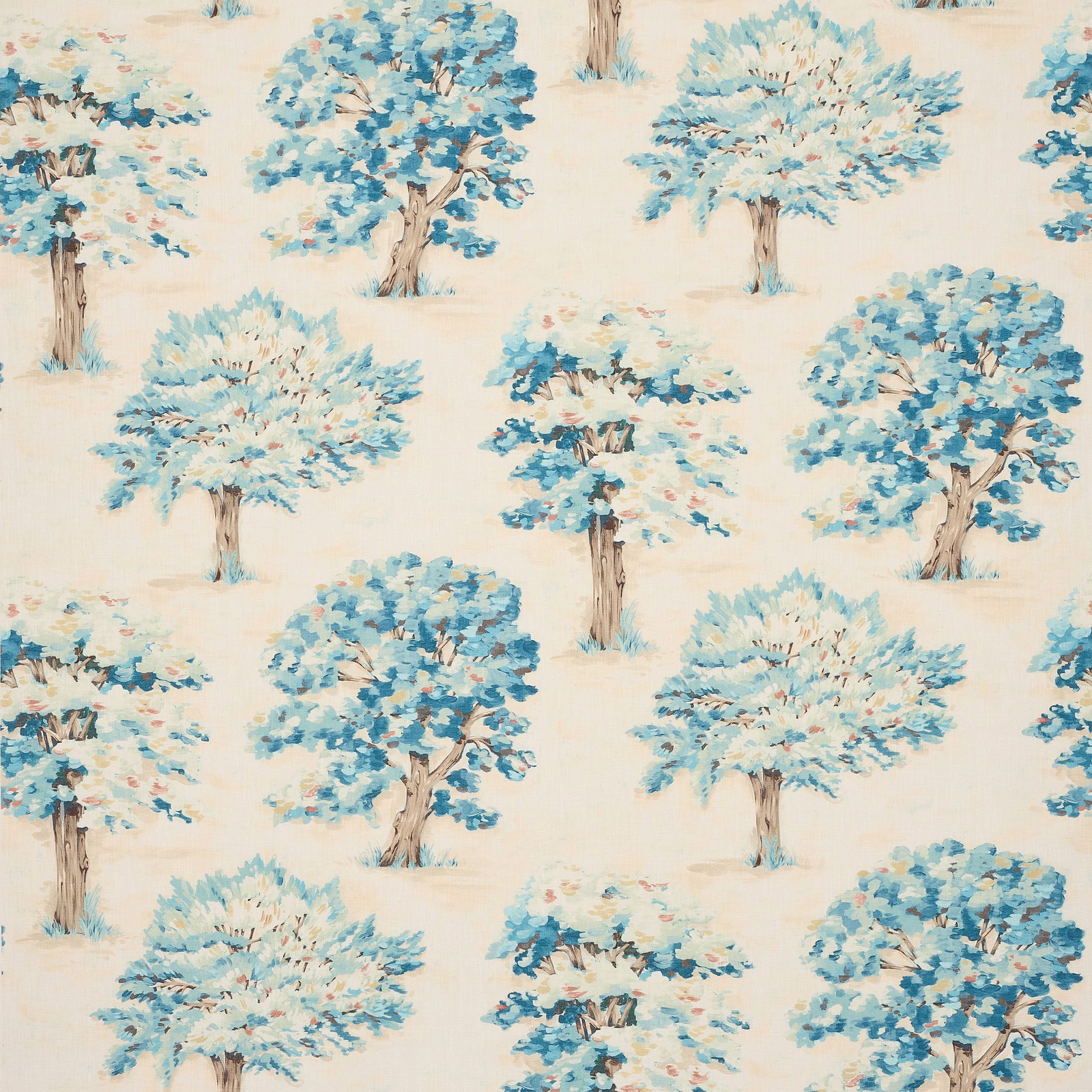 Blue painterly tree motif on a warm ivory cotton ground