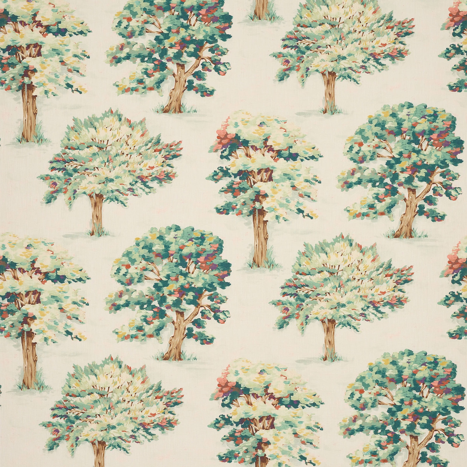 Painterly tree print in soft green, teal and blush on a cream cotton ground