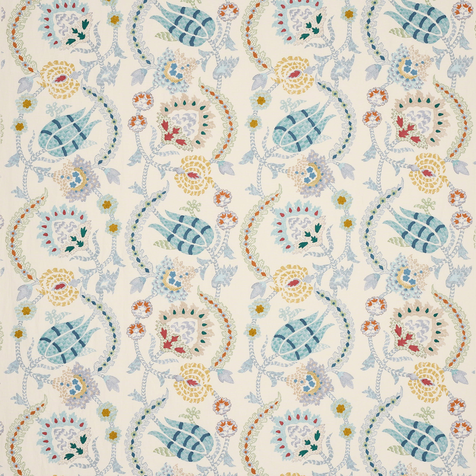 Pale ground fabric with aqua blue floral and trailing paisley motifs
