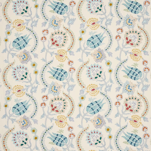 Pale ground fabric with aqua blue floral and trailing paisley motifs