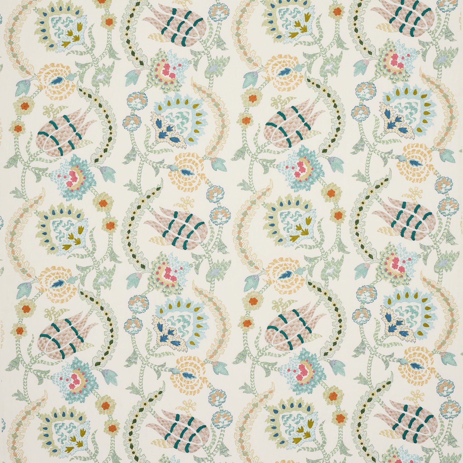 Cream-ground floral fabric with sage green vines, teal motifs and soft multicolour accents