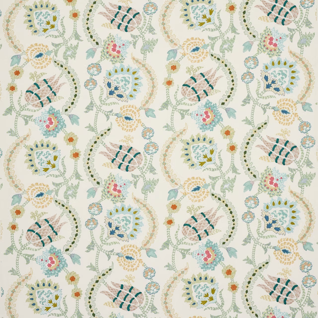 Cream-ground floral fabric with sage green vines, teal motifs and soft multicolour accents