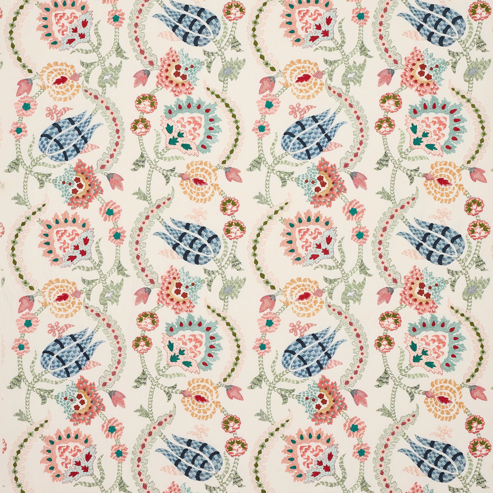 Ivory floral fabric with pastel blue, coral and sage motifs