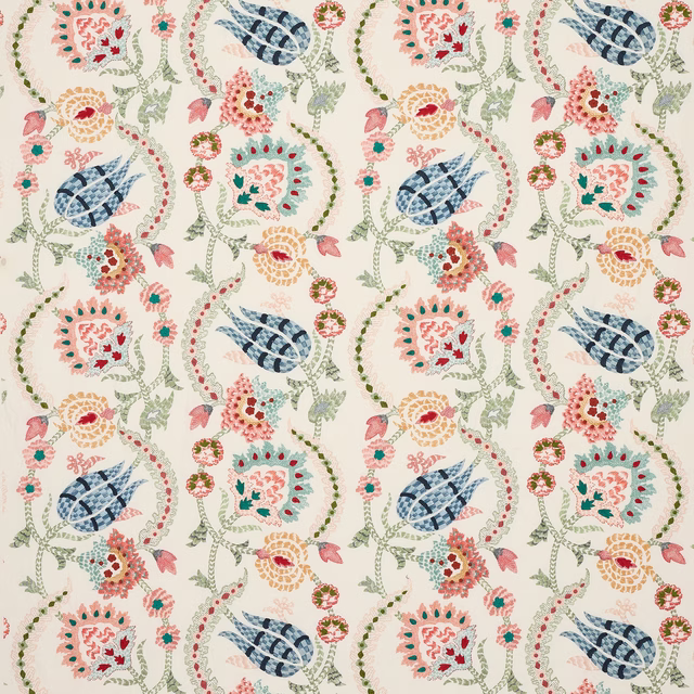 Ivory floral fabric with pastel blue, coral and sage motifs