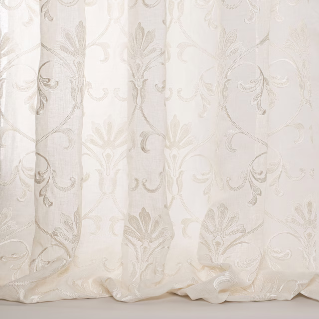 Ivory sheer curtain fabric with pale taupe scrolling damask embroidery