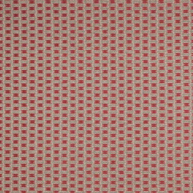 Close-up of small geometric woven fabric in coral red and natural beige