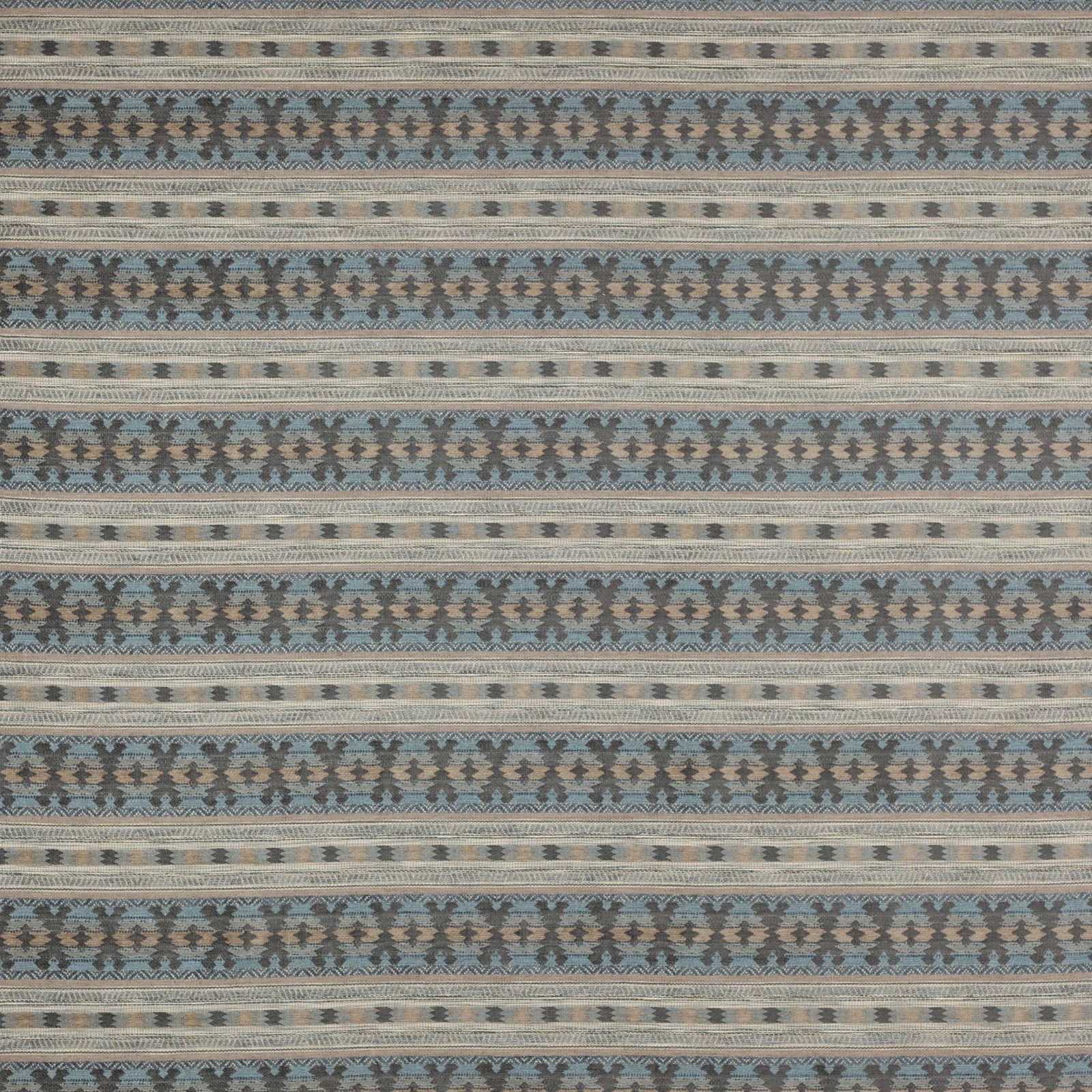 Striped fabric swatch in dusty blue, taupe, cream and grey woven pattern