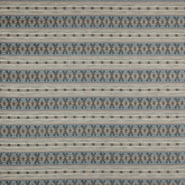 Striped fabric swatch in dusty blue, taupe, cream and grey woven pattern