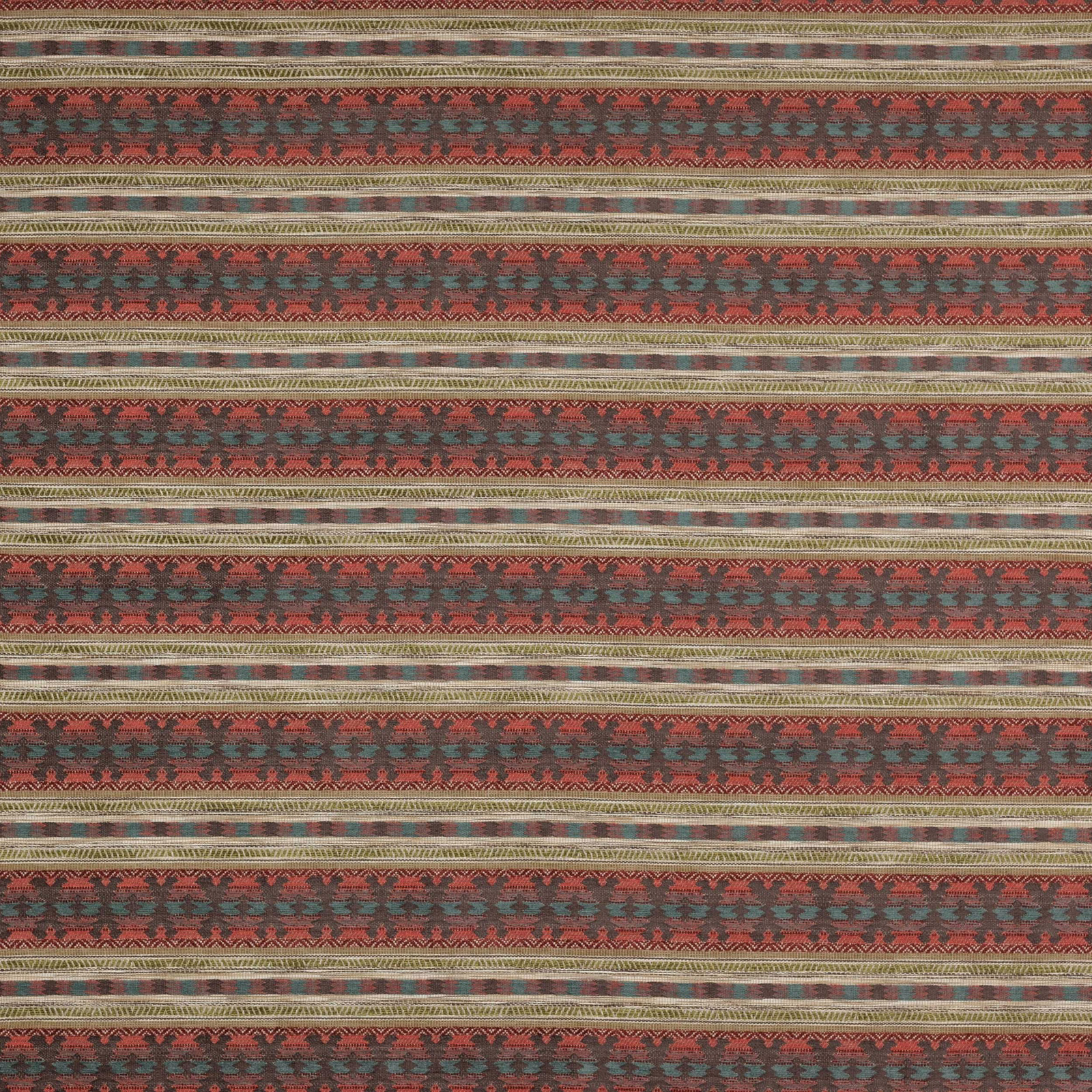 Striped woven fabric in muted red, teal, tan and cream bands