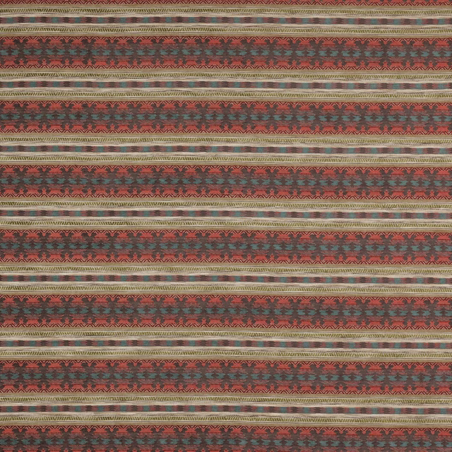 Striped woven fabric in muted red, teal, tan and cream bands