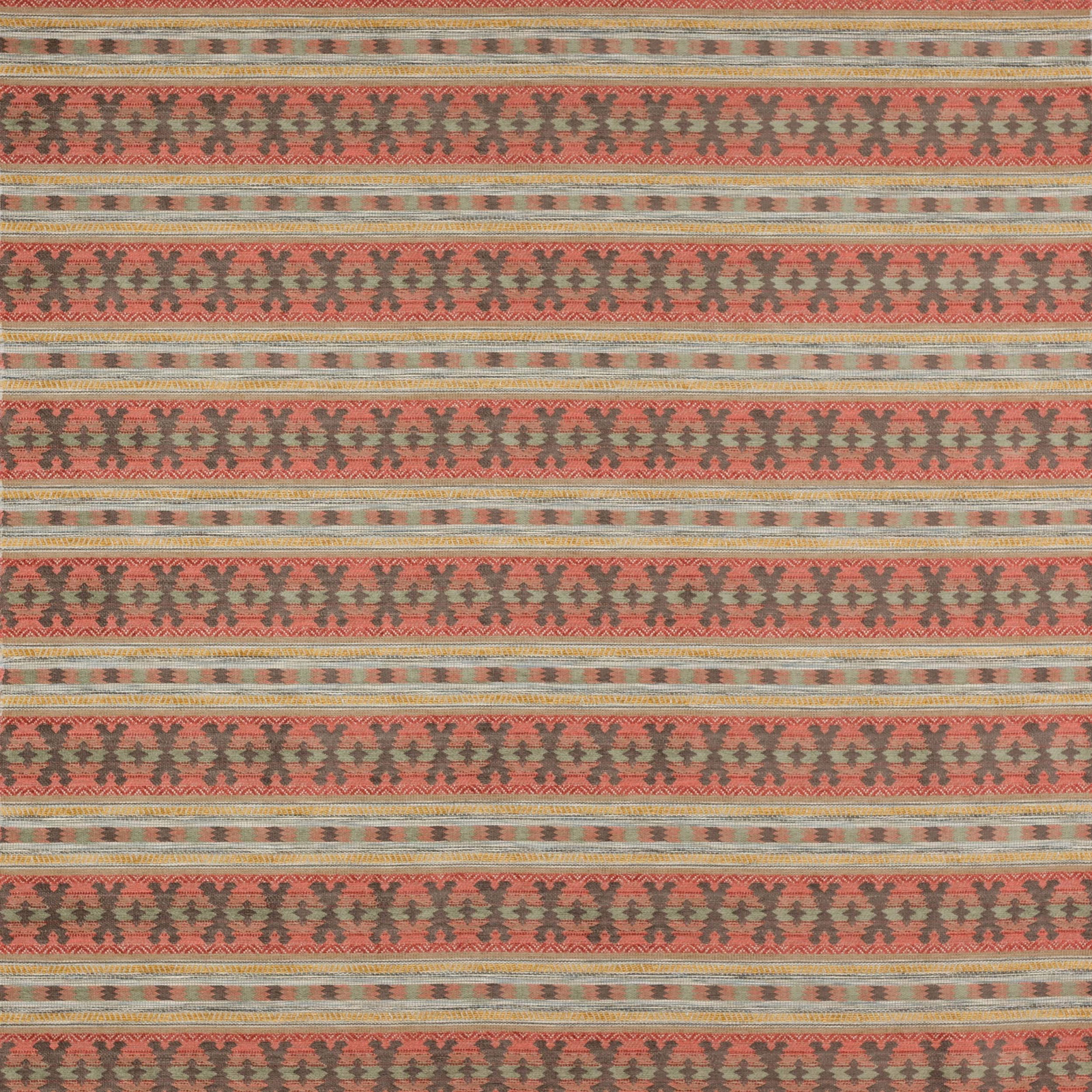 Striped woven fabric in coral red, olive green and taupe with small geometric motifs