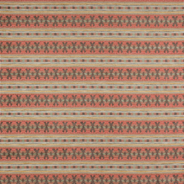 Striped woven fabric in coral red, olive green and taupe with small geometric motifs