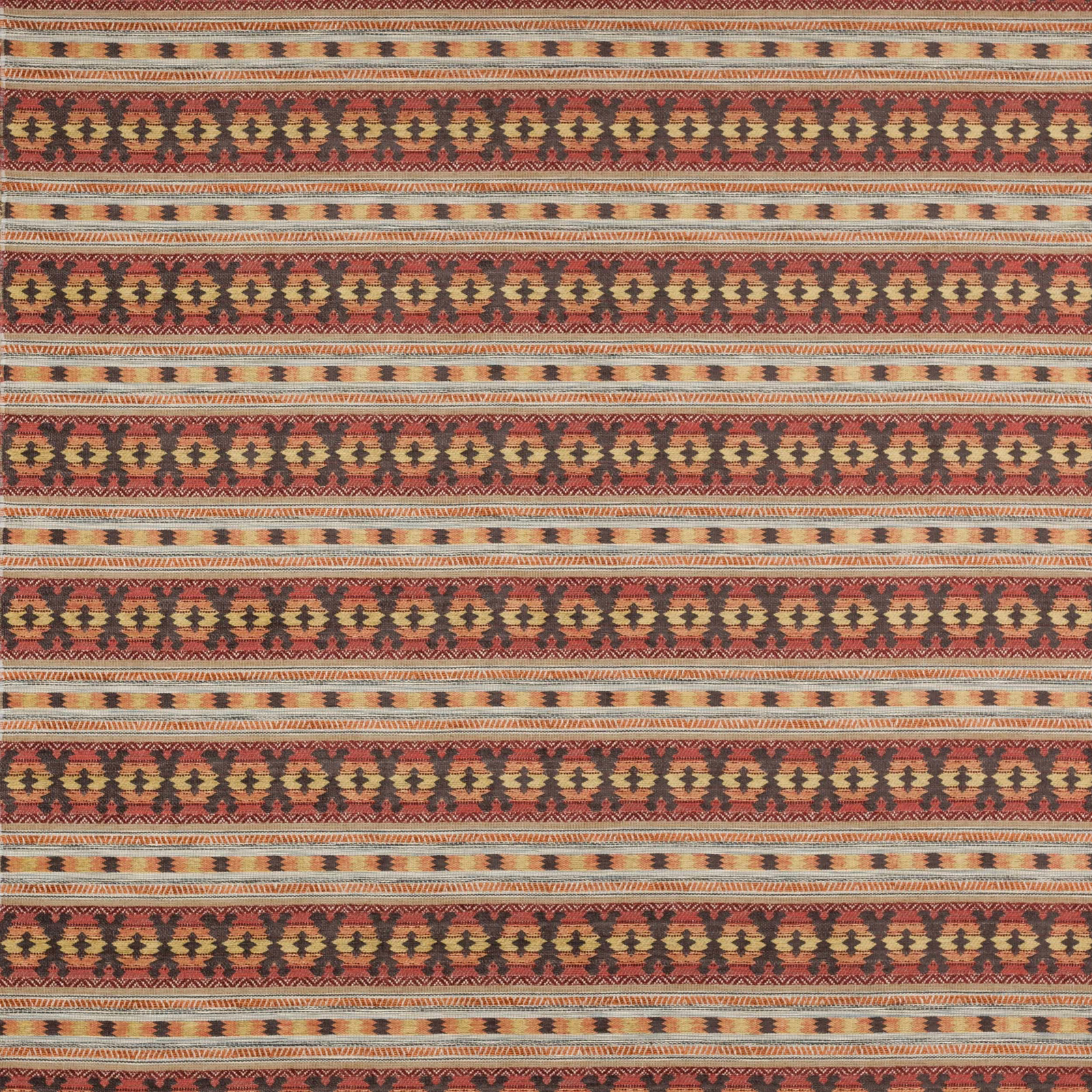 Striped tomato, ochre and brown woven fabric with narrow geometric bands