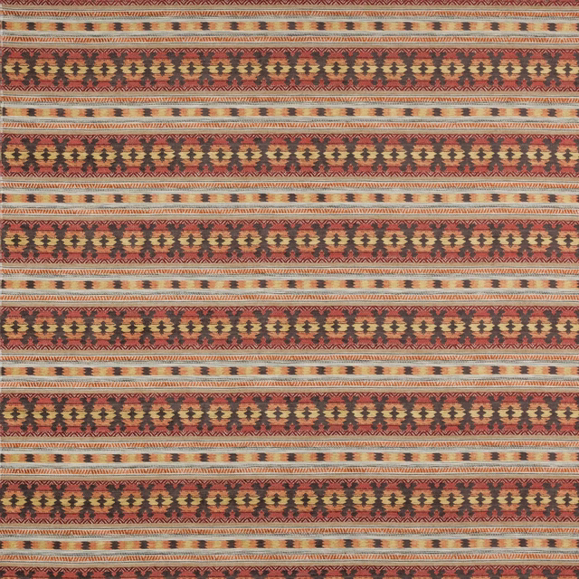 Striped tomato, ochre and brown woven fabric with narrow geometric bands