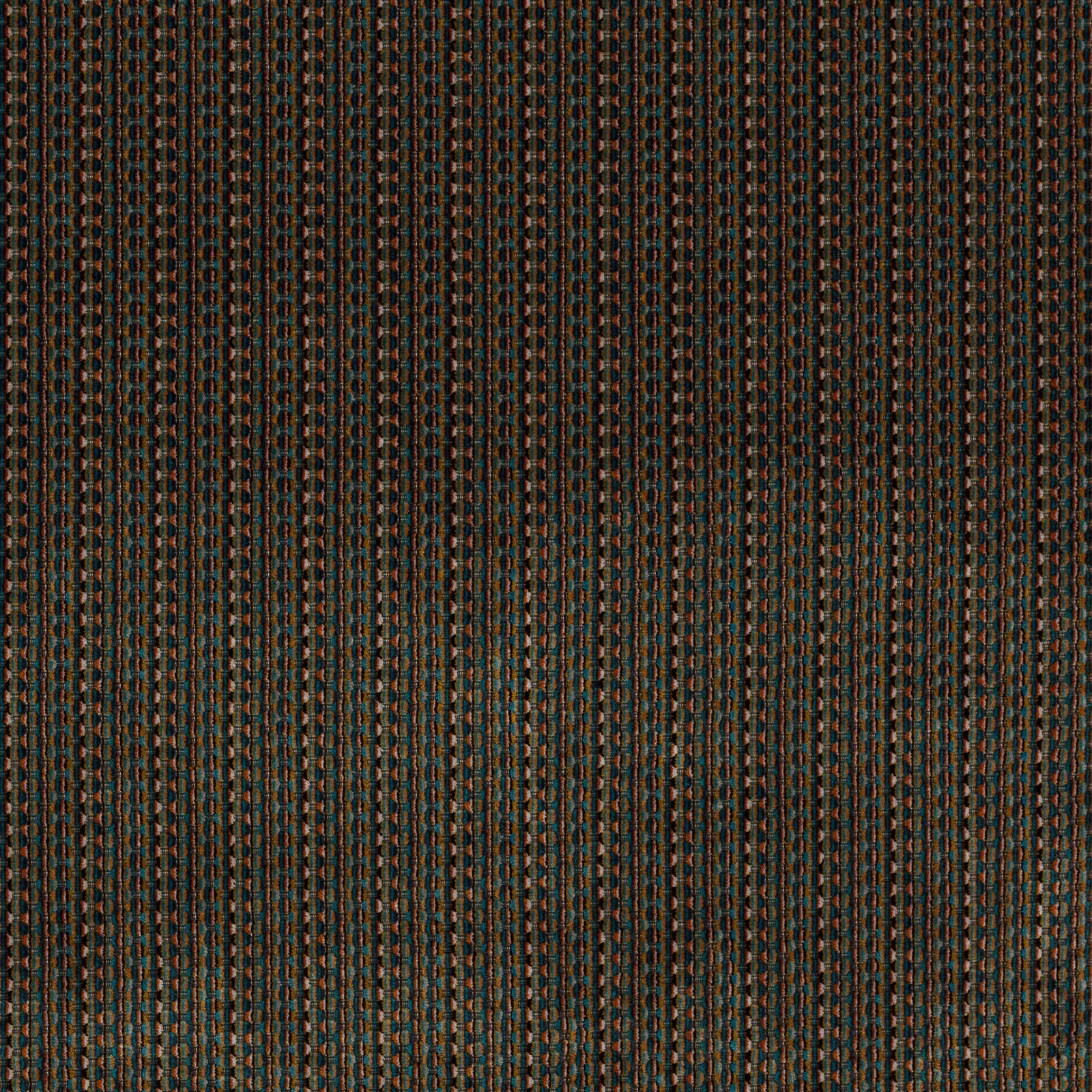 Close-up of Fitzroy Teal striped fabric with teal and brown vertical weave