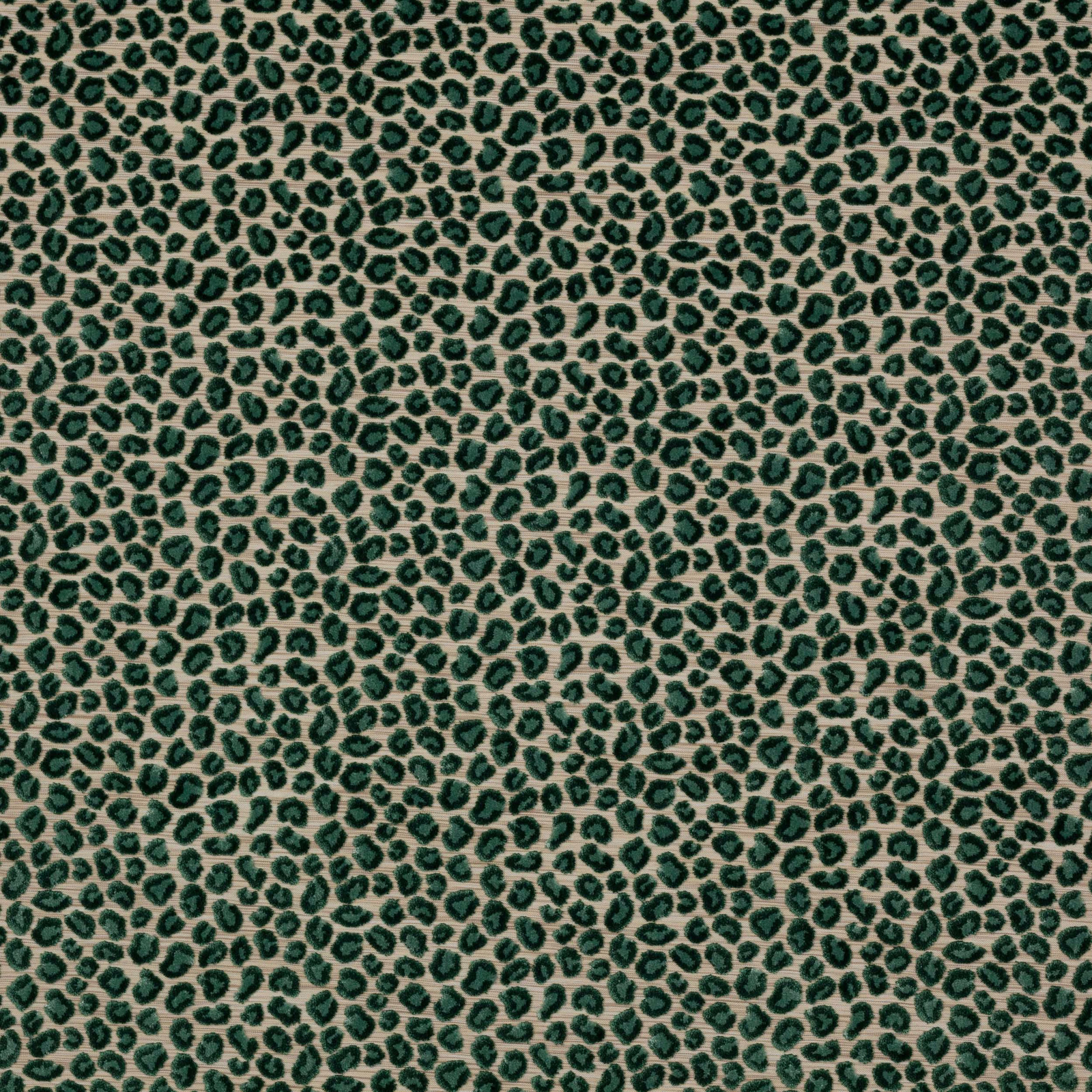 Small-scale forest-green leopard spot on a beige woven ground