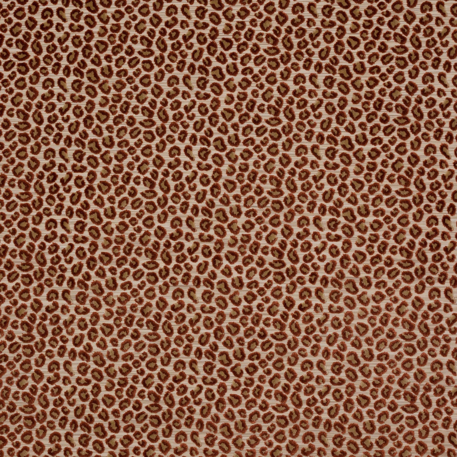 Close-up of small russet leopard spots on a pale cream-beige fabric ground