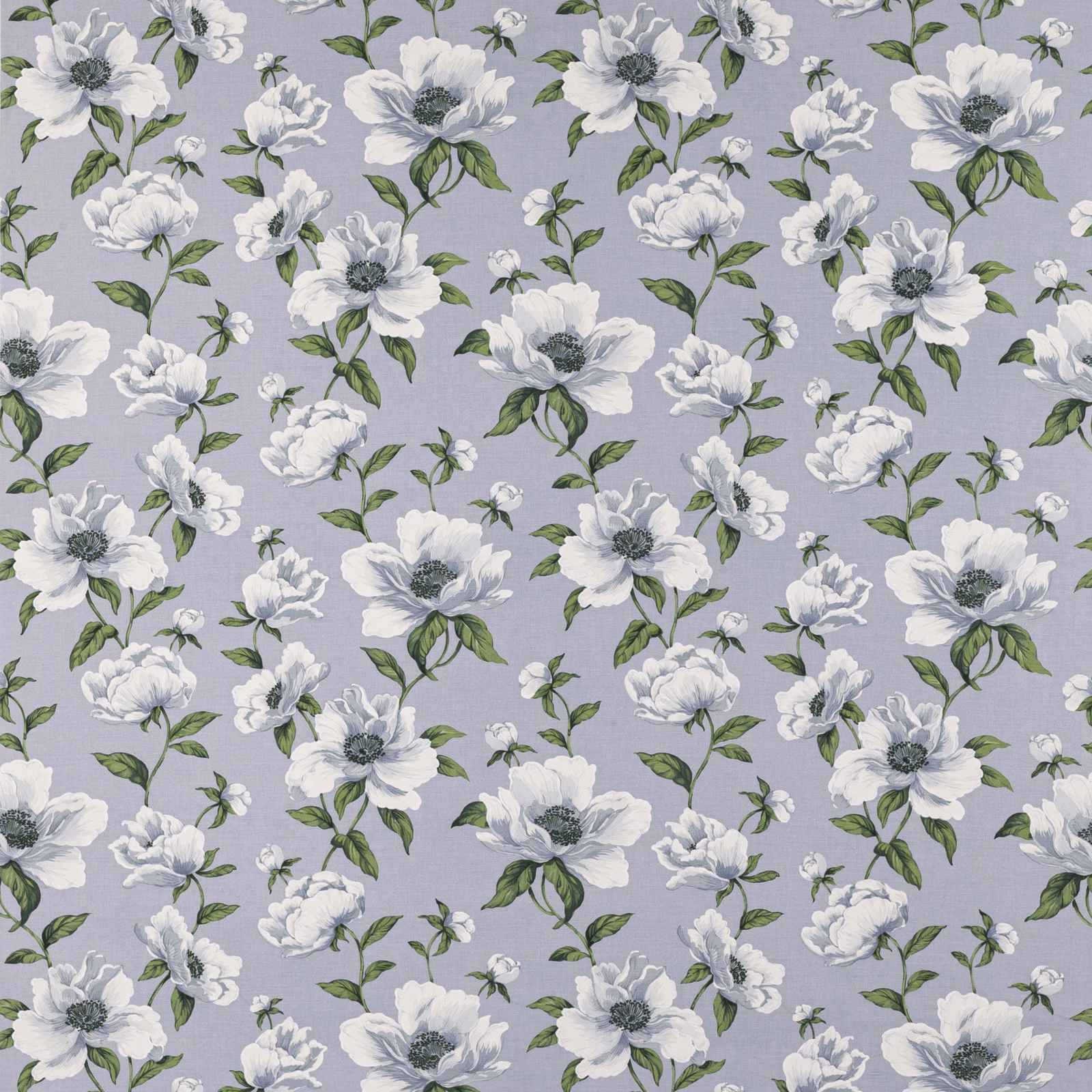 Powder-blue floral fabric with white blossoms and green leaves on a light ground