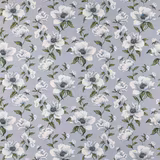 Powder-blue floral fabric with white blossoms and green leaves on a light ground