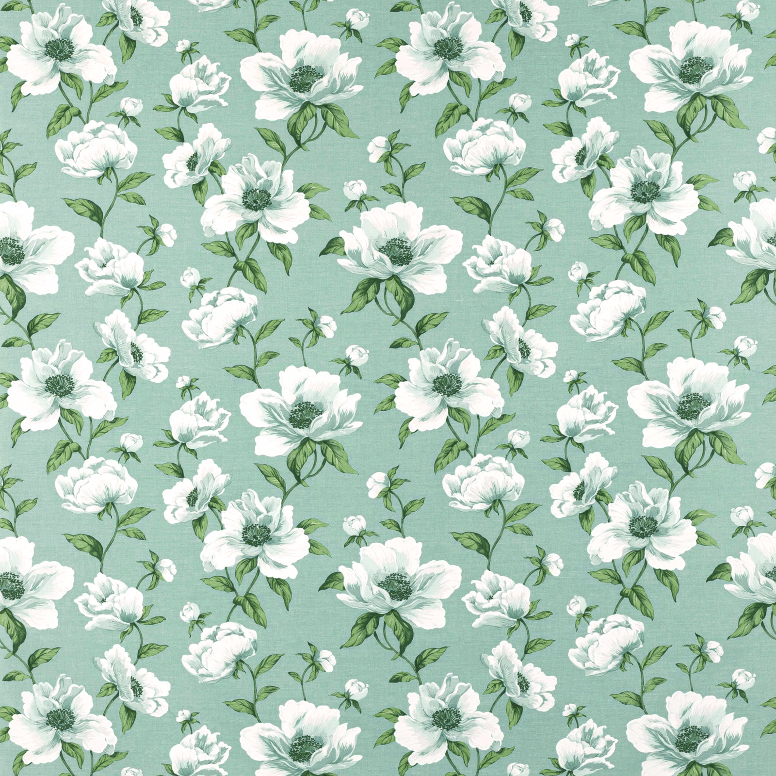Soft jade green floral fabric with white blossoms and leafy stems