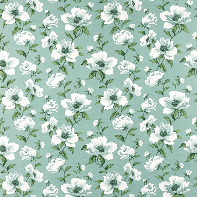 Soft jade green floral fabric with white blossoms and leafy stems