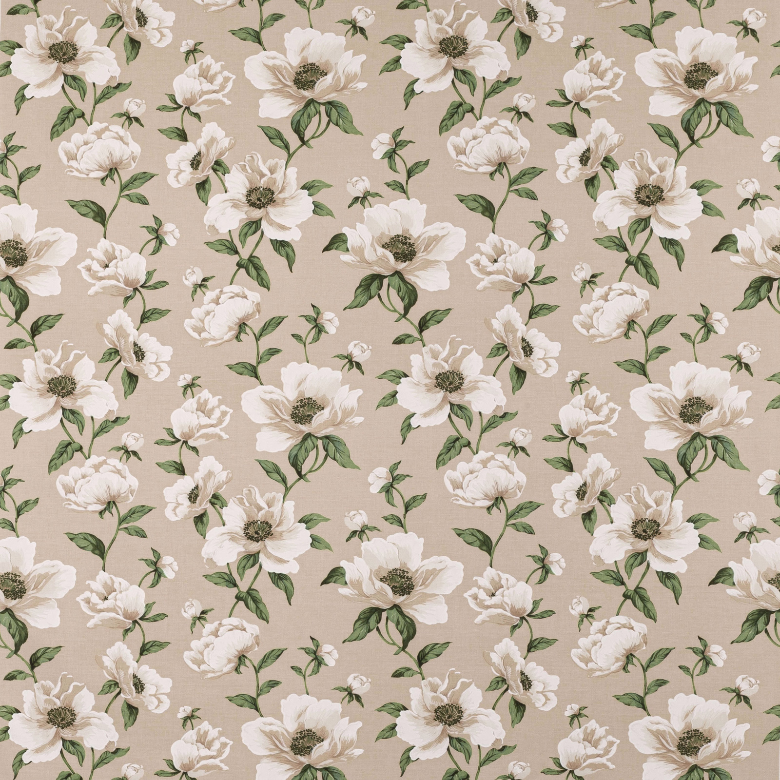 Large ivory floral print on a warm beige linen-look ground with green foliage