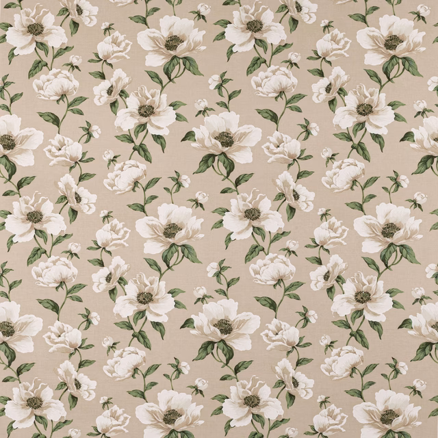 Large ivory floral print on a warm beige linen-look ground with green foliage