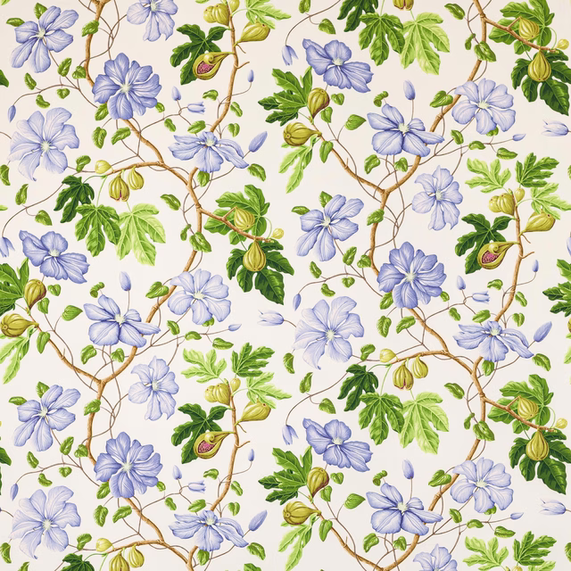 Blue and green botanical print on pale ground with trailing vines