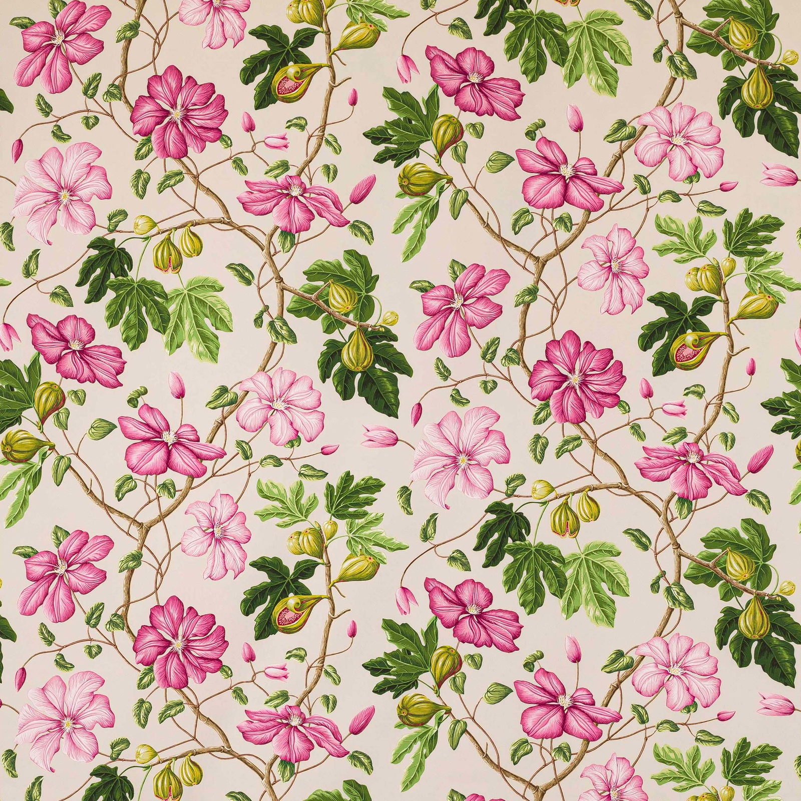 Pink and green floral cotton fabric on a pale dune ground