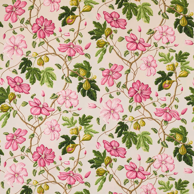 Pink and green floral cotton fabric on a pale dune ground