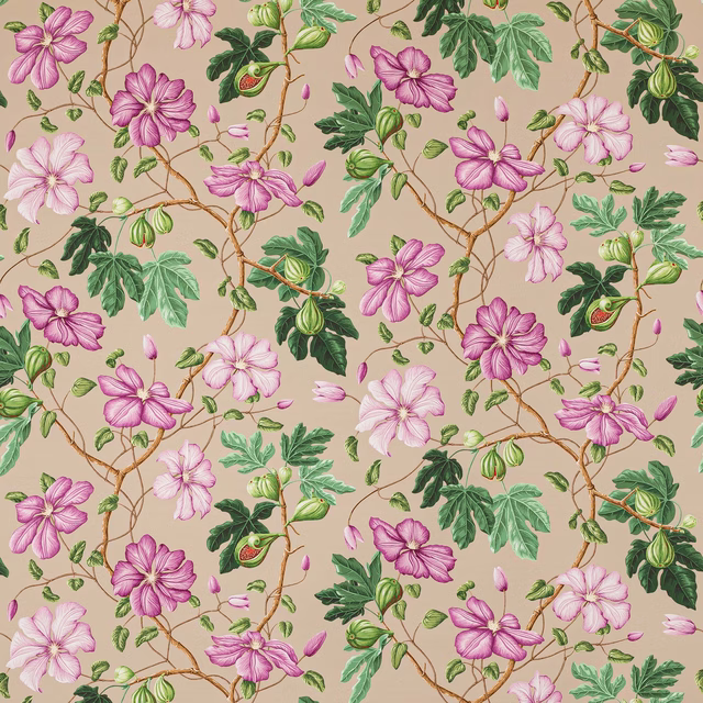 Large pink and green floral print on a warm taupe cotton ground