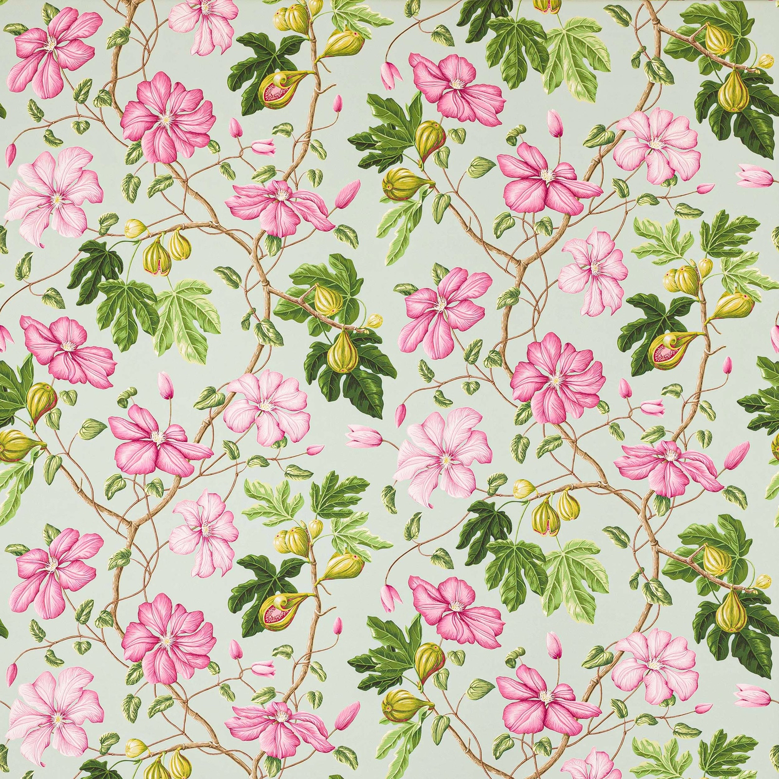 Pink floral cotton fabric on pale aqua ground with green leaves and branches