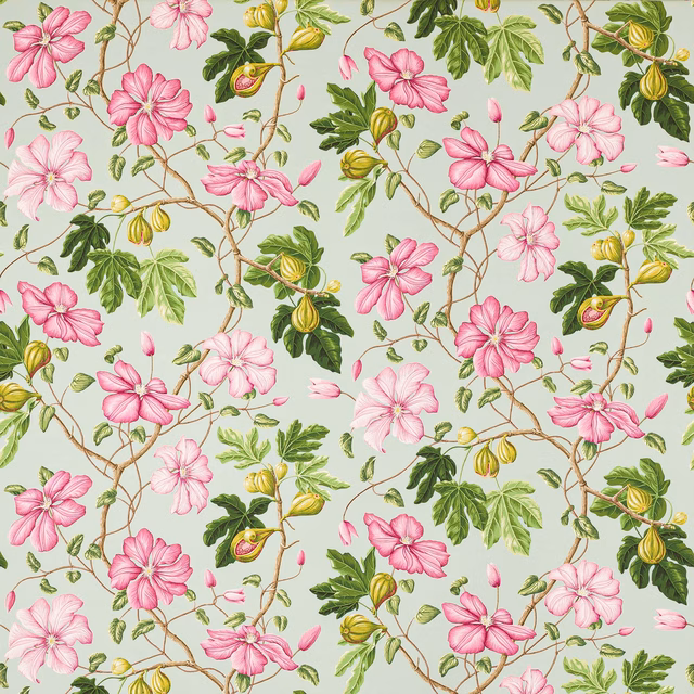 Pink floral cotton fabric on pale aqua ground with green leaves and branches