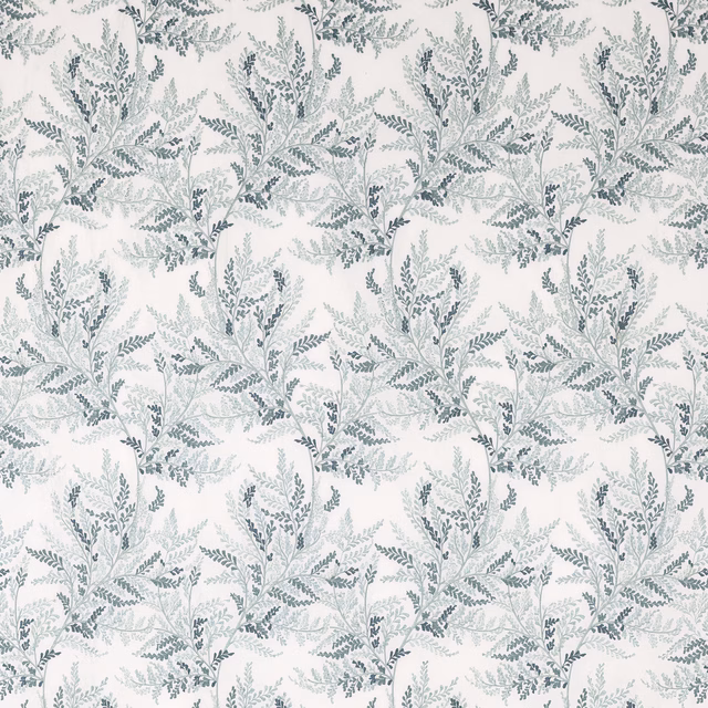 Pale botanical fabric with glacier blue leaf sprays on an ivory ground