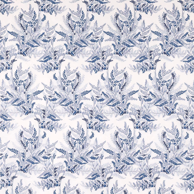 Blue botanical leaf pattern on ivory fabric with a soft woven sheen