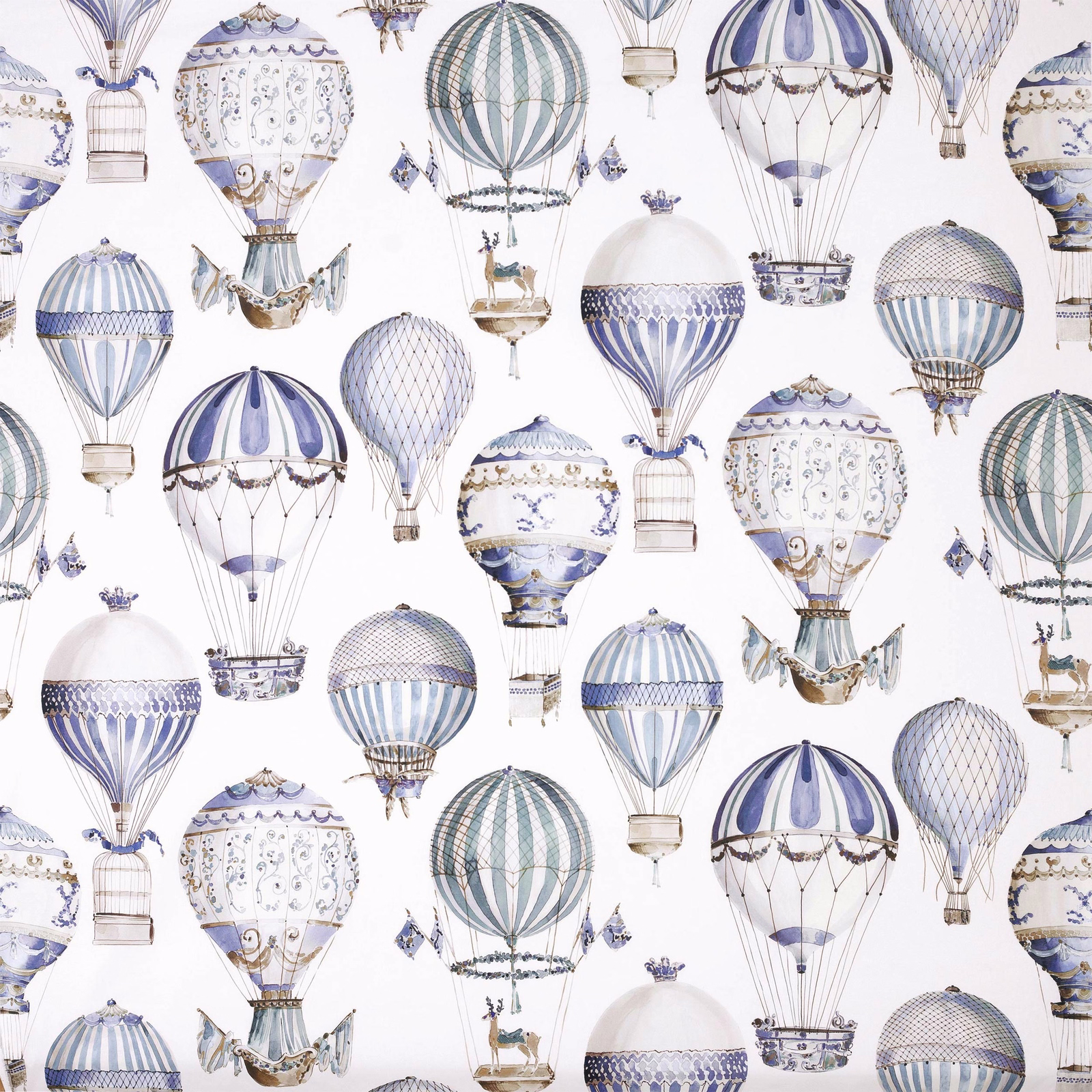 Large hot-air balloon print in soft blue, lilac and white on a white ground