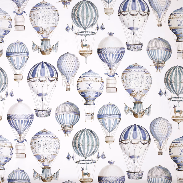 Large hot-air balloon print in soft blue, lilac and white on a white ground