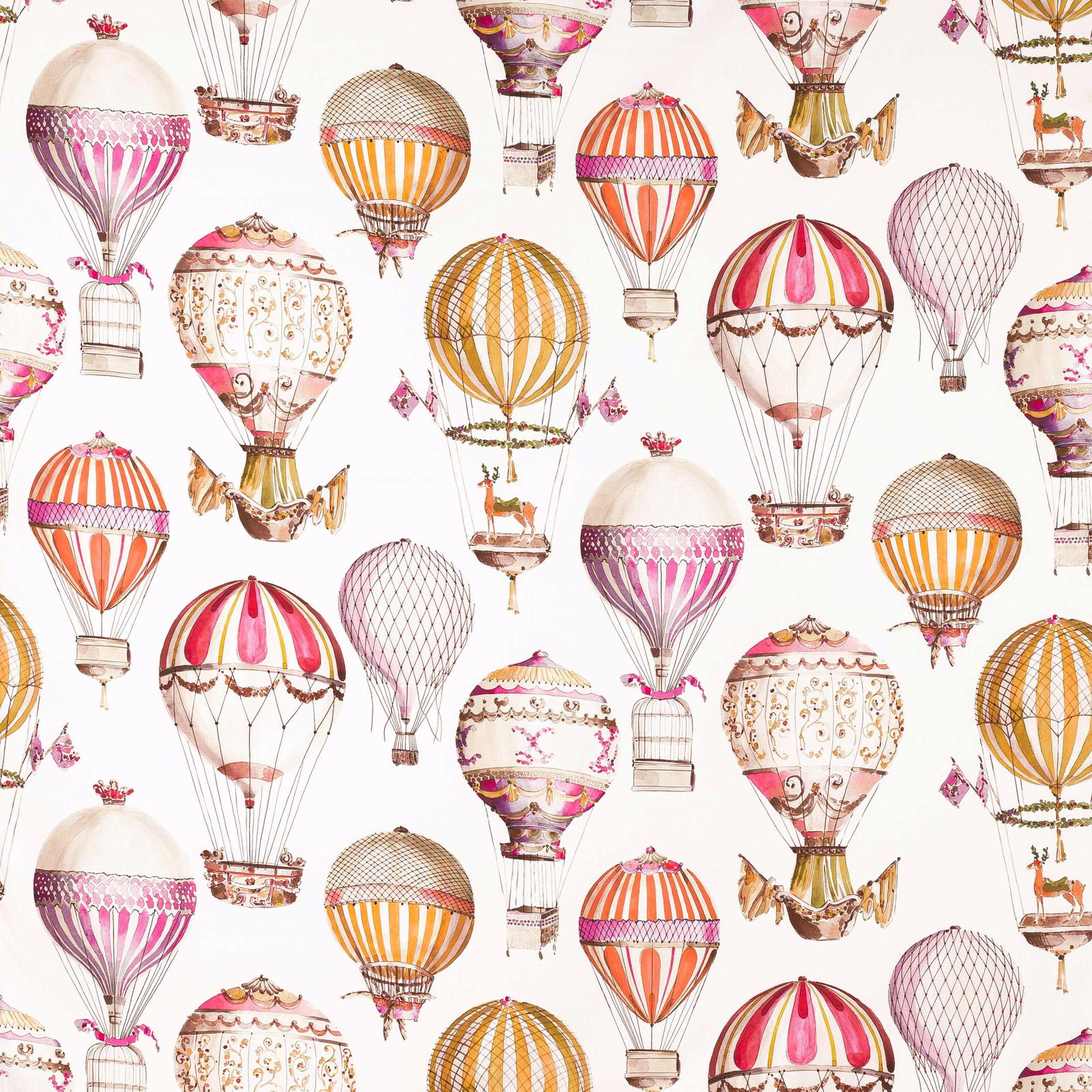 White fabric printed with pink and gold hot air balloons