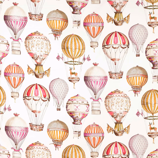 White fabric printed with pink and gold hot air balloons