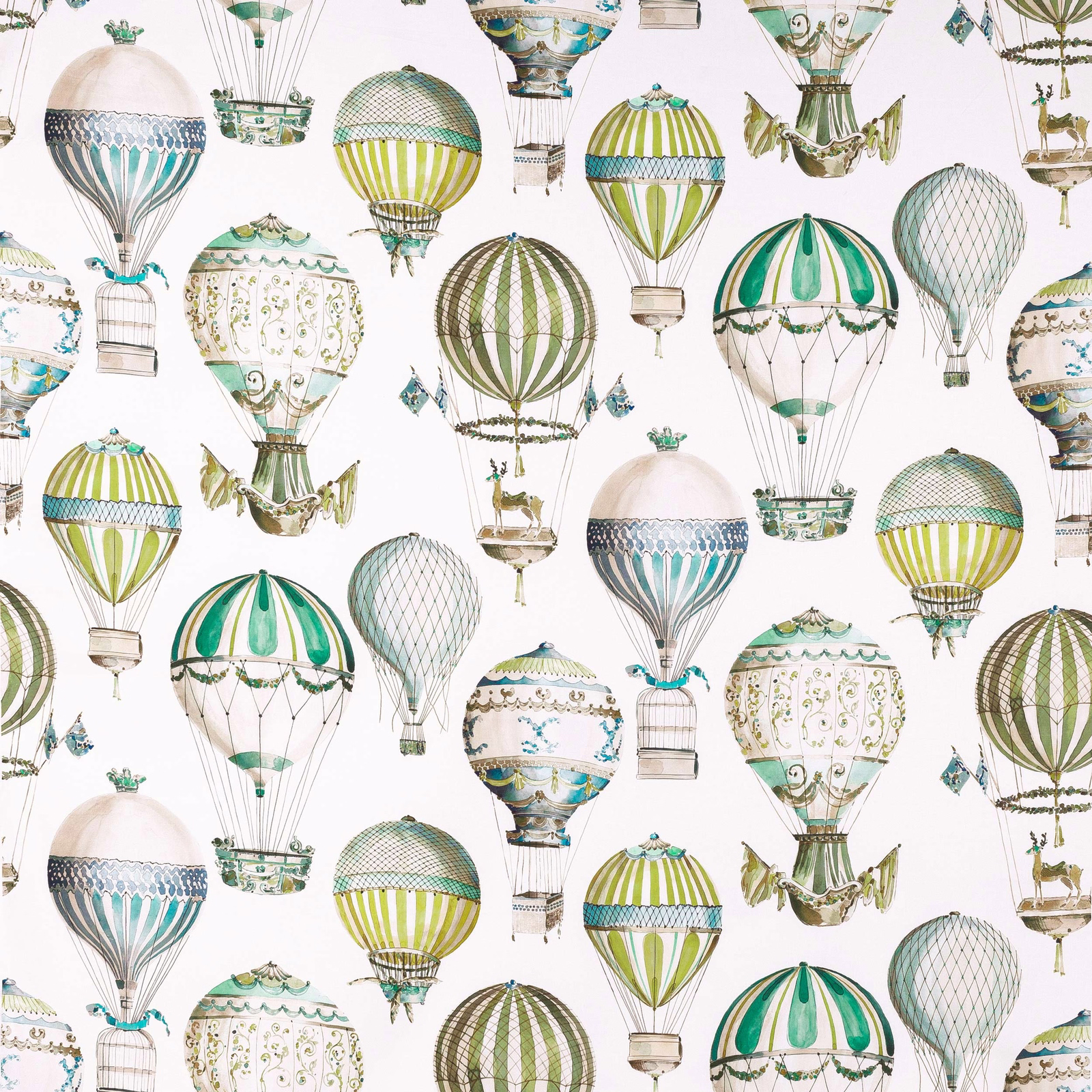Printed cotton with large jade and teal hot-air balloons on a pale ground